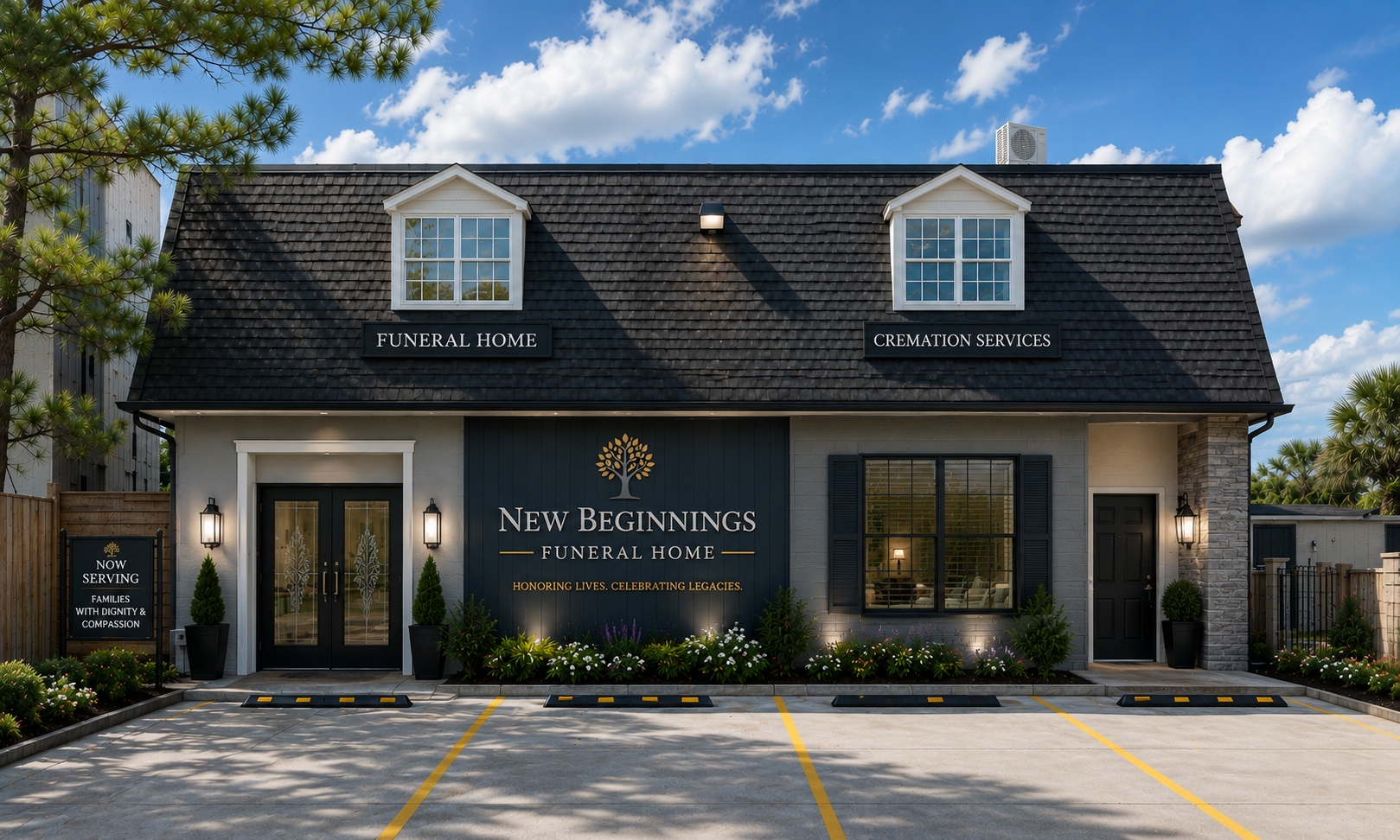 Conceptual exterior rendering for Funeral Home / Memorial Services
