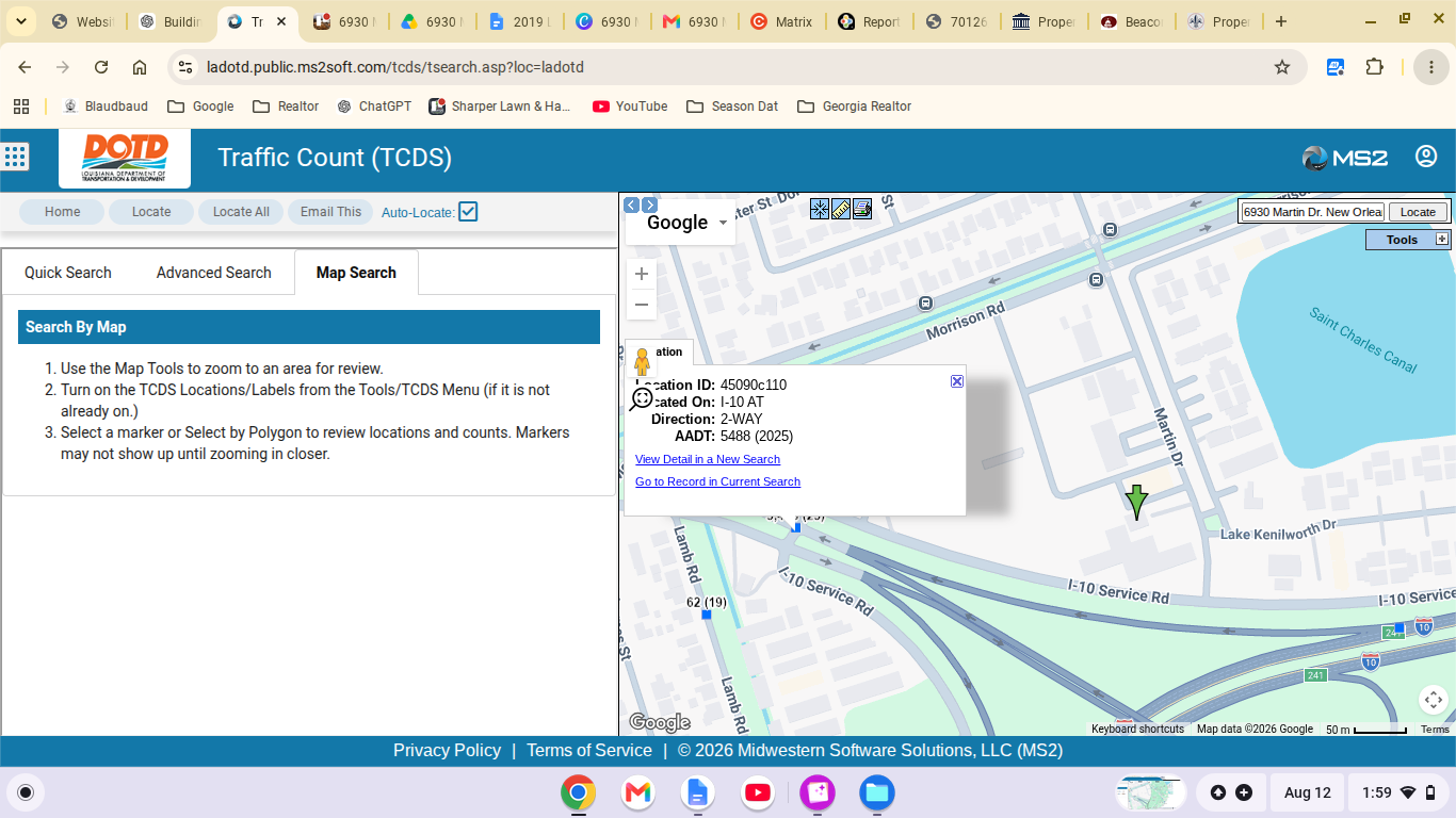 LADOTD traffic count map near 6930 Martin Drive