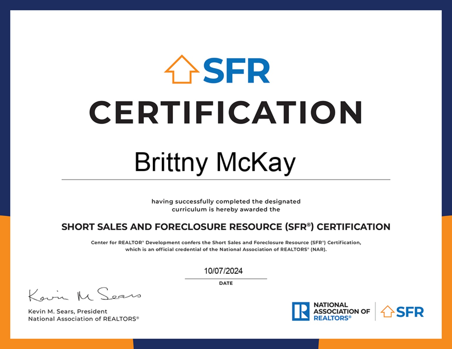Brittny McKay Short Sales and Foreclosure Resource certification