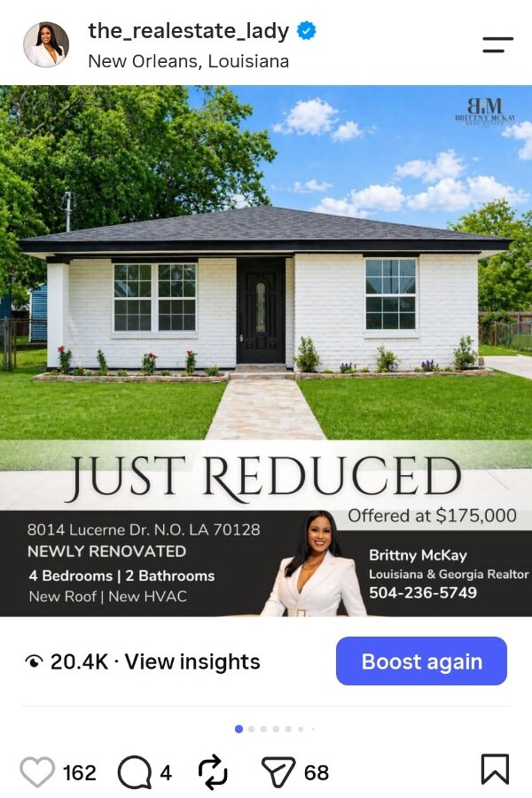 Instagram price repositioning campaign for 8014 Lucerne Street showing 20.4 thousand views