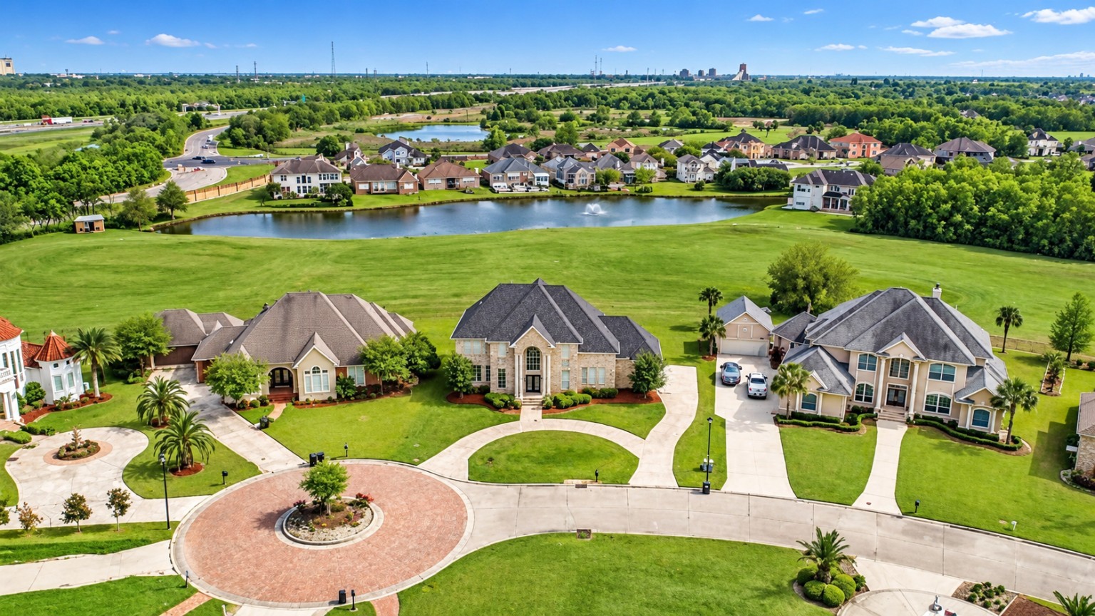 Aerial view of a professionally presented residential neighborhood